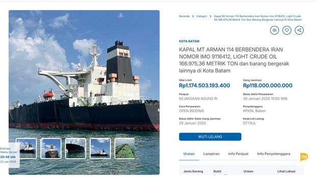 Sebuah Kapal MT Arman 114 berbendera Iran masuk ke dalam daftar lelang dari Direktorat Jenderal Kekayaan Negara. (Tangkapan Layar Lelang Indonesia)