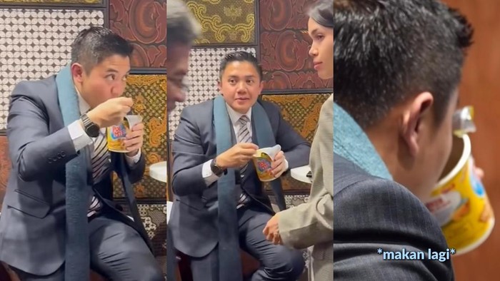 Dinas ke Swiss, Seskab Teddy Indra Wijaya Lahap Makan Mie Instan