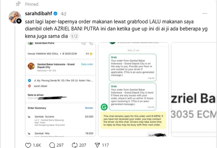 Grab Tindak Ojol Nakal di Depok yang Curi Pesanan Makanan Pelanggan