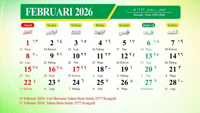 Daftar Hari Libur Februari 2026 Beserta Cuti Bersama dan Long Weekend