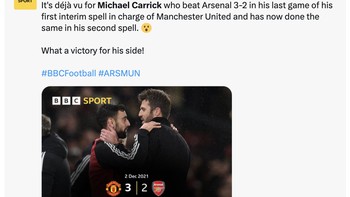 Deja vu bahwa dulu Carrick mengalahkan Arsenal dan kini mengulang hal yang sama. Foto: X.com