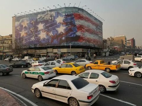 Mural menampilkan kapal induk AS yang rusak dengan jet-jet tempur tidak berfungsi ditampilkan di dekat alun-alun Teheran Vehicles drive past a billboard depicting a damaged US aircraft carrier with disabled fighter jets on its deck in Tehran, Iran, Jan. 25, 2026. (AP)