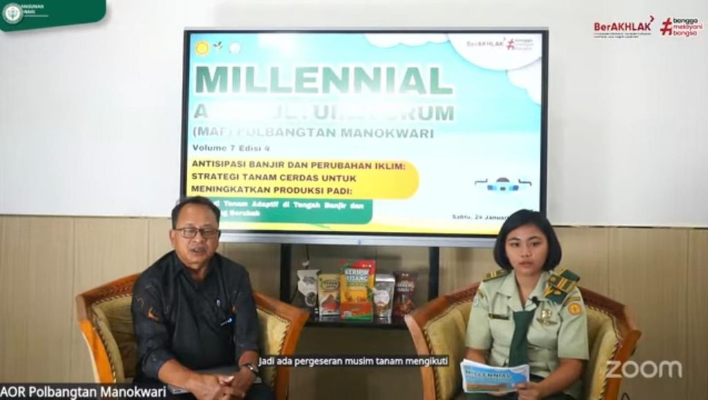 Politeknik Pembangunan Pertanian (Polbangtan) Manokwari menggelar forum Millennial Agriculture Forum (MAF) Volume 7 Edisi 4 bertema “Antisipasi Banjir dan Perubahan Iklim: Strategi Tanam Cerdas untuk Meningkatkan Produksi Padi”, Sabtu (24/01/26). (Dok. Kementan)