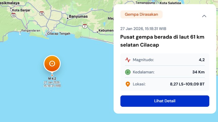 Informasi BMKG terkait gempa CIlacap, Selasa (27/1/2026).