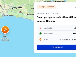 Gempa M 4,2 Terjadi di Laut Cilacap, Tidak Berpotensi Tsunami