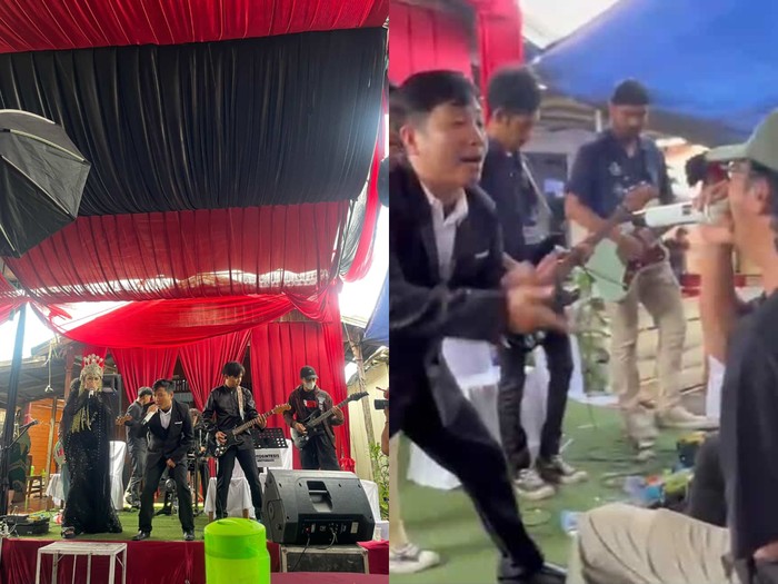 Viral! Pasangan pengantin di Jambi sulap resepsi jadi panggung gigs. Vokalis dan rapper tampil di panggung hingga ajak tamu undangan headbang.
