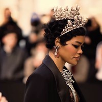 Penampilannya semakin menonjol dengan aksesori mahkota berhiaskan berlian yang memberi sentuhan dramatis layaknya ratu modern.  Foto: dok. InstagramS chiaparelli