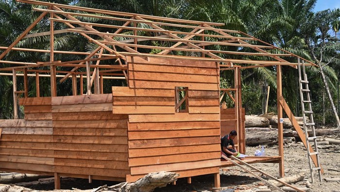 Pekerja menyelesaikan pembangunan hunian sementara (huntara) papan kayu di Desa Geudumbak, Kecamatan Langkahan, Aceh Utara, Aceh, Selasa (27/1/2026). Kementerian Kehutanan (Kemenhut) bekerja sama dengan Badan Nasional Penanggulangan Bencana (BNPB), Universitas Gajah Mada (UGM) dan Rumah Zakat membangun 100 huntara papan kayu yang berada di daerah tersebut, dengan rincian 21 huntara sudah jadi dan 40 huntara dalam proses pembangunan.  ANTARA FOTO/Nova Wahyudi/aww.