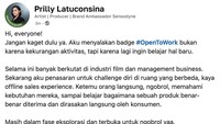 Prilly Latuconsina mengaku pasang badge #OpenToWork bukan karena kurang kegiatan, tapi mau belajar hal baru. Selama ini dia merasa sbanyak berkutat di industri film dan management business. Dia mau menantang diri sendiri untuk menekuni kegiatan yang berbeda, seperti offline sales experience. Foto: Instagram @prillylatuconsina96