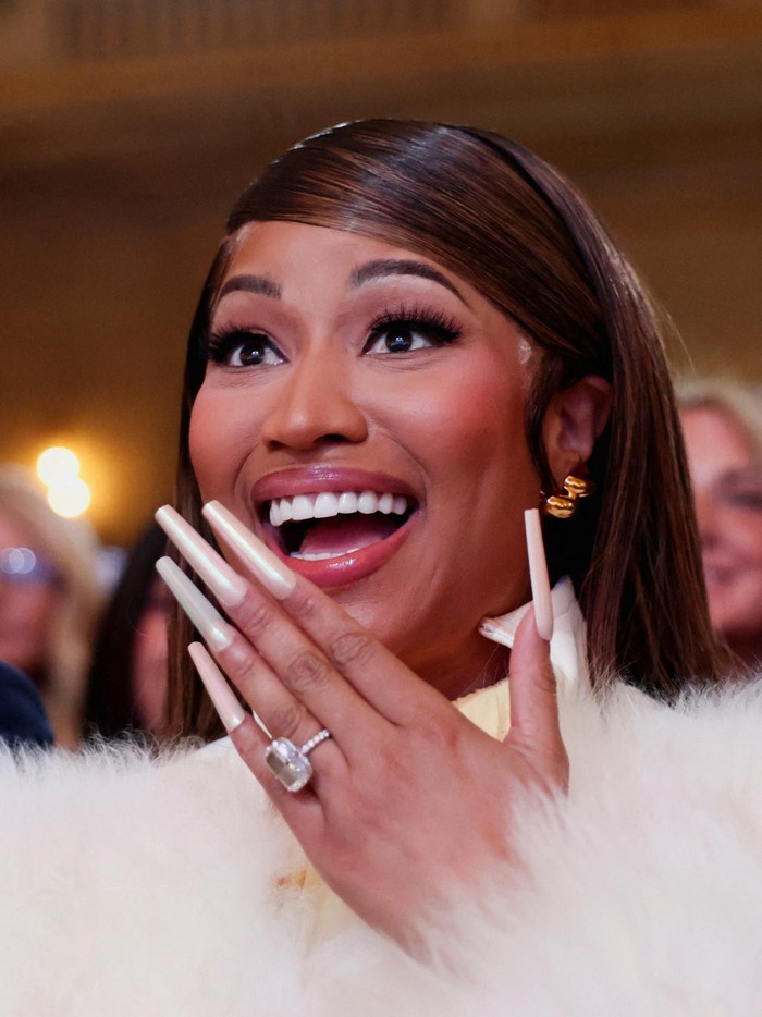 Musician Nicki Minaj reacts during the U.S. Treasury Departments Trump Accounts Summit, in Washington, D.C., U.S. January 28, 2026. REUTERS/Kevin Lamarque