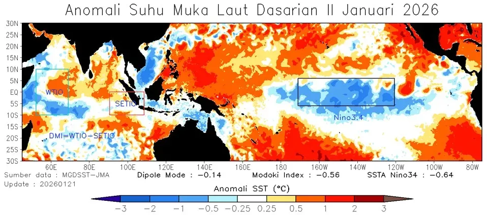 Anomali suhu muka laut dasarian II Januari 2026. (BMKG)