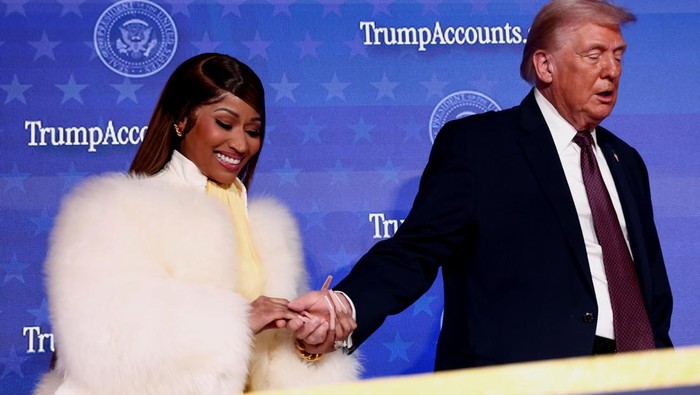 Musician Nicki Minaj stands onstage during the U.S. Treasury Departments Trump Accounts Summit, in Washington, D.C., U.S., January 28, 2026. REUTERS/Kevin Lamarque