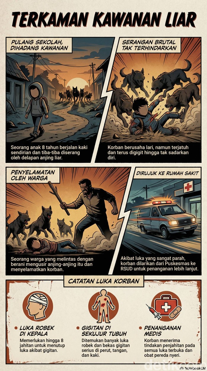 Infografik komik kawanan anjing liar mencoba memangsa anak berusia 8 tahun di Cianjur