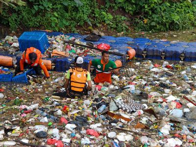 Aksi Petugas DLH Bersihkan Sampah Sungai Ciliwung untuk Jaga Aliran Air