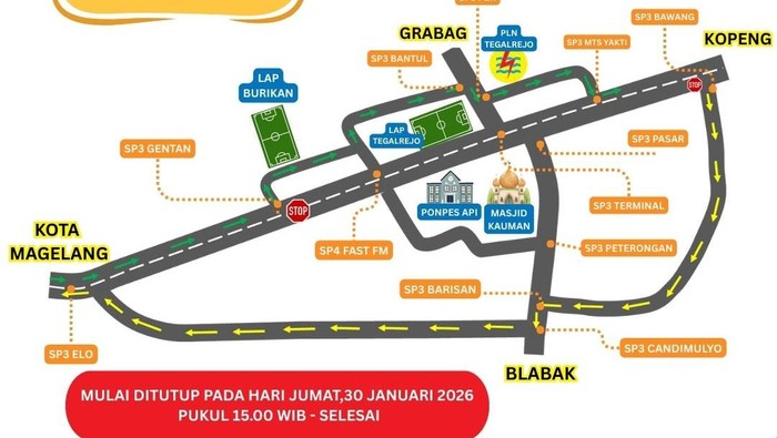 Rencana pengalihan arus lalu lintas terkait acara Haflah Attasyakkur Wal Ikhtitam ke-83 API Ponpes Salaf Tegalrejo, Kabupaten Magelang.