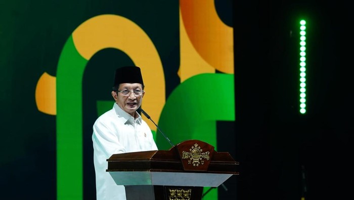 Menag Nasaruddin Umar saat pidato peringatan Harlah ke-100 tahun NU versi Masehi di Istora Senayan, Jakarta, Sabtu (21/1/2026).