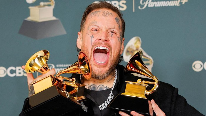 Jelly Roll poses with the Best Contemporary Country Album award for 