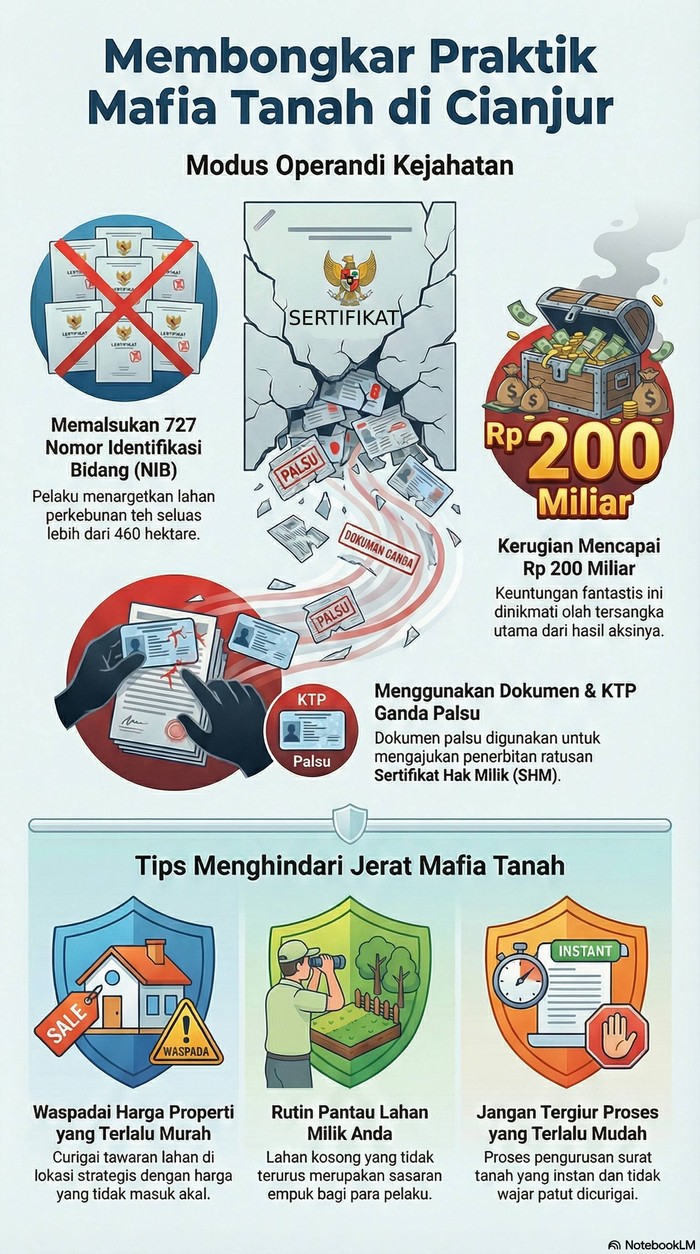 Infografik Terbongkarnya Praktik Mafia Tanah Rp 200 Miliar di Cianjur