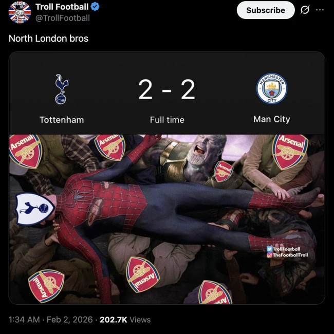 Meme Kocak Spurs Imbangi City, Jadi Bestie Dadakan Arsenal!