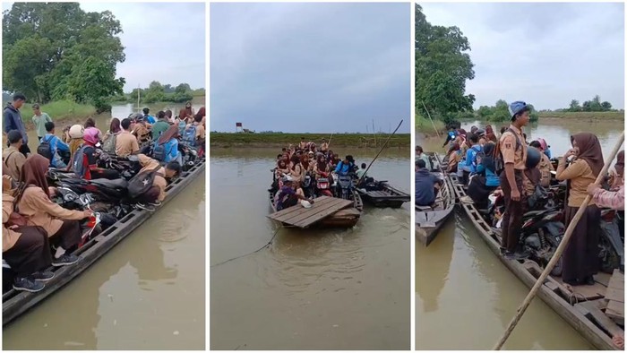Tangkap layar video viral pelajar seberangi sungai dengan getek di Lampung Timur