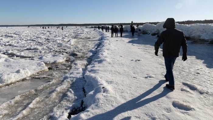 A drone view of the frozen Baltic Sea coastline close to the mouth of the Vistula River near Mikoszewo, Poland, February 1, 2026. REUTERS/Lukasz Glowala