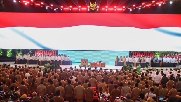 Gubernur dan Wakil Gubernur Jateng, Ahmad Luthfi dan Taj Yasin Maimoen, mengikuti Rakornas Pemerintah Pusat dan Daerah tahun 2026 di SICC, Bogor.