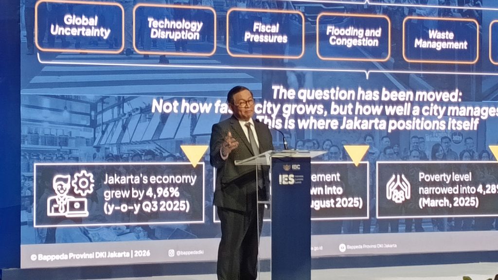 Gubernur DKI Jakarta, Pramono Anung dalam pidatonya di Indonesia Economic Summit (IES) 2026, Selasa (3/2/2026).