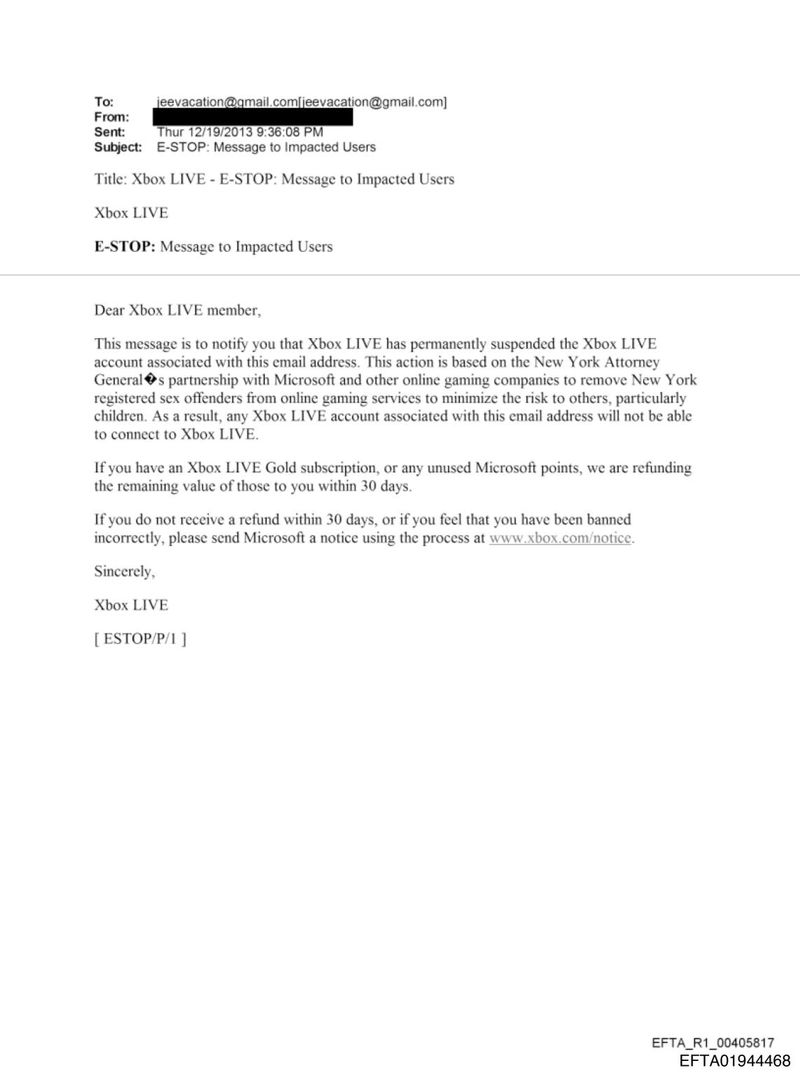 Email yang diterima Jeffrey Epstein oleh Xbox Live.