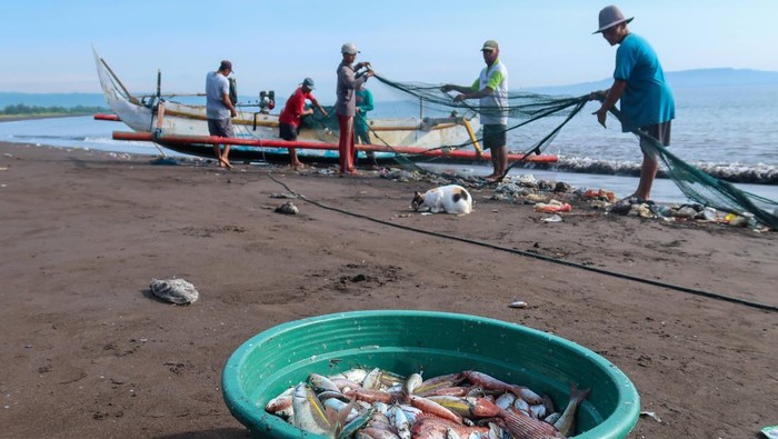 Sejumlah nelayan mengangkat perahunya usai mencari ikan di Pulau Santen, Banyuwangi, Jawa Timur, Kamis (5/2/2026). Kementerian Kelautan dan Perikanan (KKP) menargetkan produksi ikan Nasional pada periode Januari hingga maret 2026 mencapai 3,57 juta ton guna memastikan ketersediaan ikan selama bulan Ramadhan. ANTARA FOTO/Budi Candra Setya