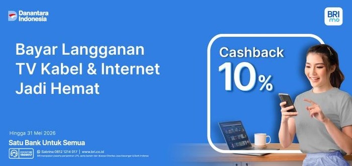 Bayar Tagihan TV Kabel & Internet di BRImo Bisa Dapat Cashback 10%