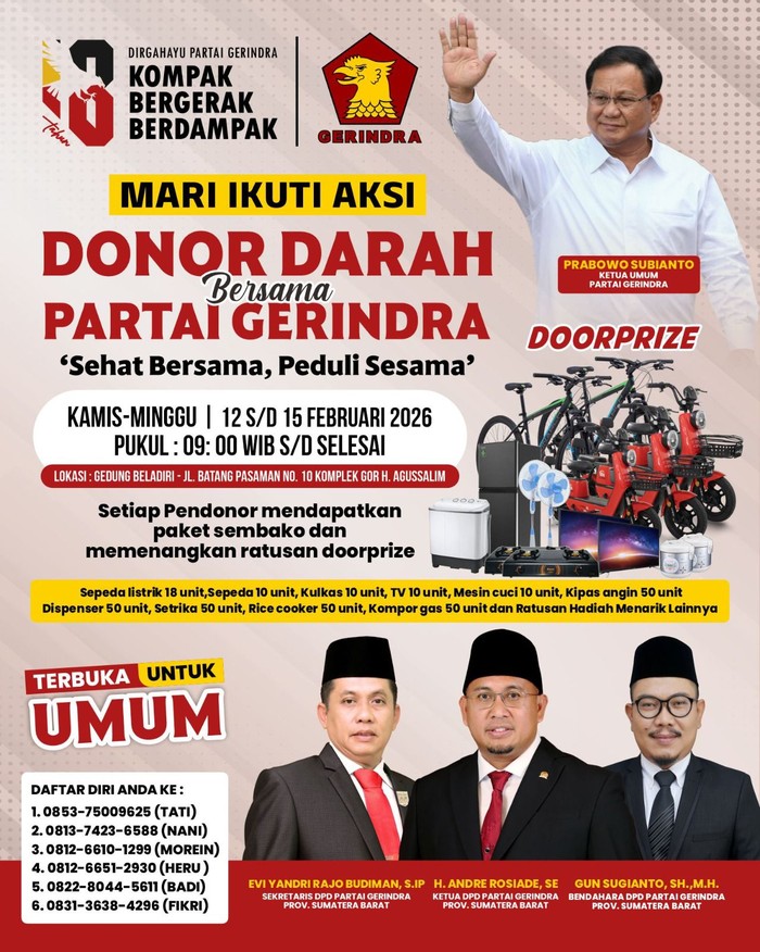 Gerindra Sumbar Gelar Donor Darah, Andre Rosiade Targetkan Rekor MURI