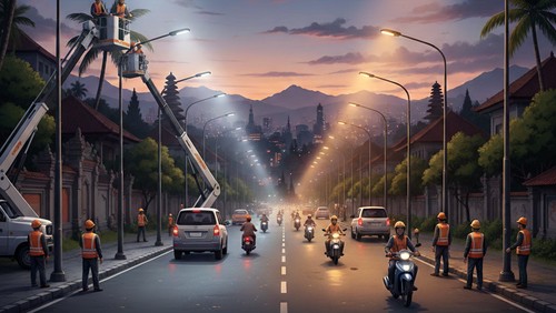 Ilustrasi lampun penerangan jalan. (Dibuat dengan Gemini AI)