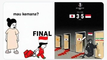 Menuju final. Ilustrasi meme menggambarkan Indonesia melaju ke partai puncak usai menyingkirkan Jepang dengan skor 5-3. Foto: X.com