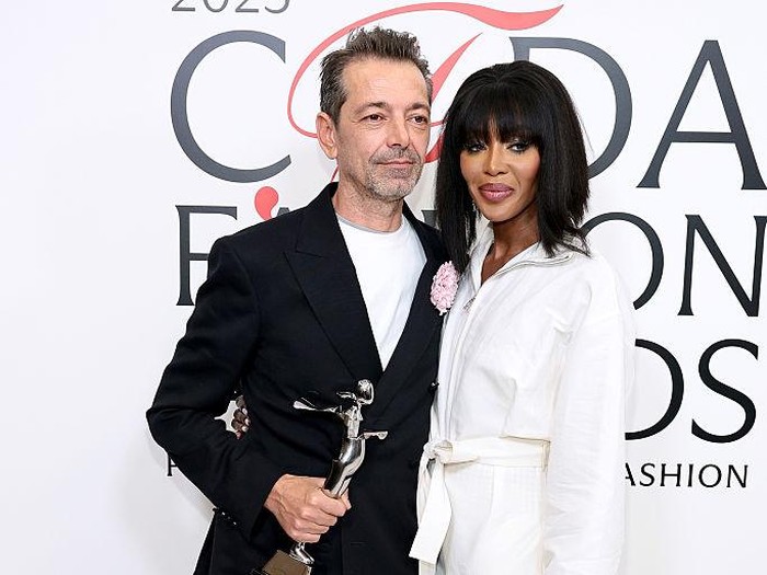 NEW YORK, NEW YORK - NOVEMBER 03: International Designer of the Year winner Pieter Mulier and Naomi Campbell attend the 2025 CFDA Awards at The American Museum of Natural History on November 03, 2025 in New York City.  (Photo by Dimitrios Kambouris/Getty Images)