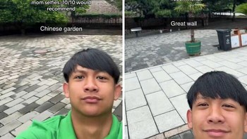 Pose wisata ala Ibu-ibu Facebook: dahi nyaris keluar frame, sudut kamera rendah, tapi tetap pede. Foto: Boredpanda