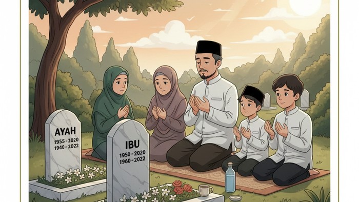 Ilustrasi ziarah kubur orang tua
