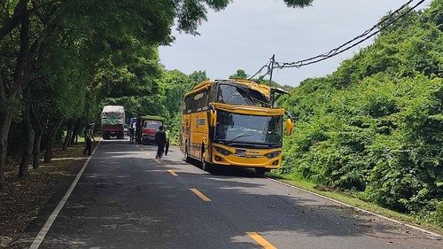 Kondisi bus yang menghantam pohon di kawasan hutan Taman Nasional Bali Barat (TNBB), Kelurahan Gilimanuk, Melaya, Jembrana, Bali, Senin (9/2/2026). (Foto: Dok. Polres Jembrana)