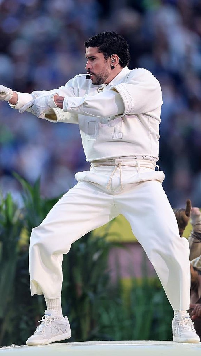 SANTA CLARA, CALIFORNIA - FEBRUARY 08: Bad Bunny performs onstage during the Apple Music Super Bowl LX Halftime Show at Levis Stadium on February 08, 2026 in Santa Clara, California. (Photo by Kevin C. Cox/Getty Images)
