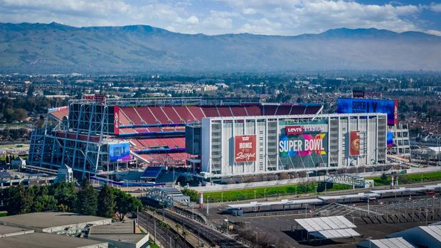 Superbowl Am aerial view of Levi's Stadium dressed for Super Bowl LX 2026 with a view of Santa Clara behind it.