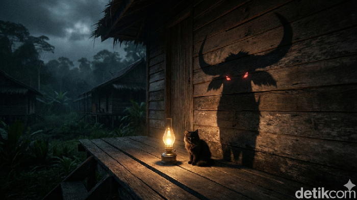 Ilustrasi hantu takau di Kalimantan yang bisa berwujud kucing hingga kerbau raksasa. (Gemini AI)