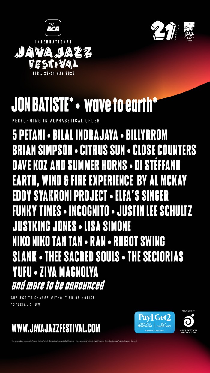 Java Jazz Festival kembali di edisi ke-21, menghadirkan musisi internasional dan lokal. Festival berlangsung 29-31 Mei 2026 di NICE, PIK 2, Tangerang.