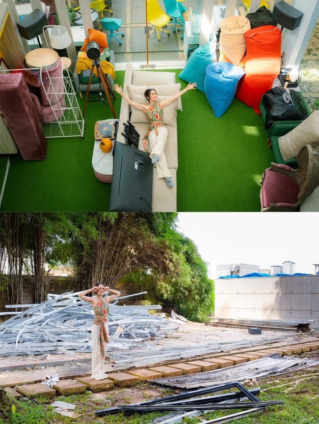 Sebelum dibongkar, tampak bagian dalam ruangan kantor Cinta Laura yang playful dan nyaman. Cinta Laura pun membandingkannya setelah dibongkar habis dan terlihat puing-puing besi bangunannya. Foto: Dok. Instagram Cinta Laura