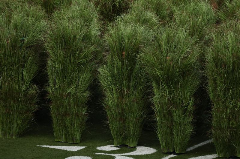 Performers dressed as Sugarcane grass step on stage for Puerto Rican singer Bad Bunny performance during Super Bowl LX Patriots vs Seahawks Apple Music Halftime Show at Levi's Stadium in Santa Clara, California on February 8, 2026. (Photo by Patrick T. Fallon / AFP)