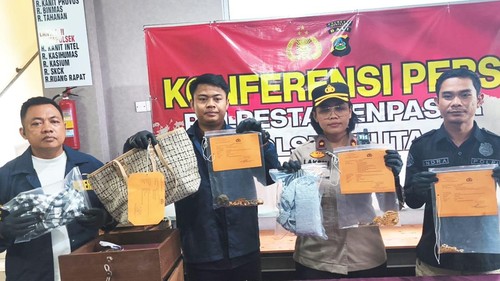 Polsek Kuta menunjukkan barang bukti pencurian emas saat konferensi pers, Rabu (11/2/2026). Pencurian terjadi di sebuah rumah Banjar Legian Kaja, Kelurahan Legian, Kecamatan Kuta, Badung, Rabu (28/1/2026). (Fabiola Dianira/detikBali)