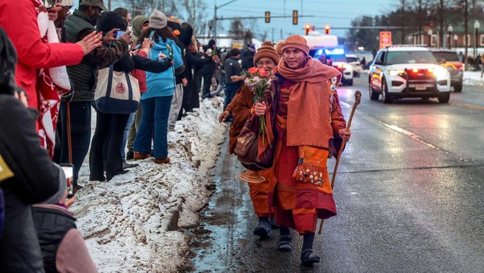 A drone view shows monks during the “Walk for Peace”, in which a group of two dozen Buddhist monks are walking from Texas to Washington, D.C., in Spotsylvania, Virginia, U.S., February 5, 2026. REUTERS/Evelyn Hockstein      TPX IMAGES OF THE DAY