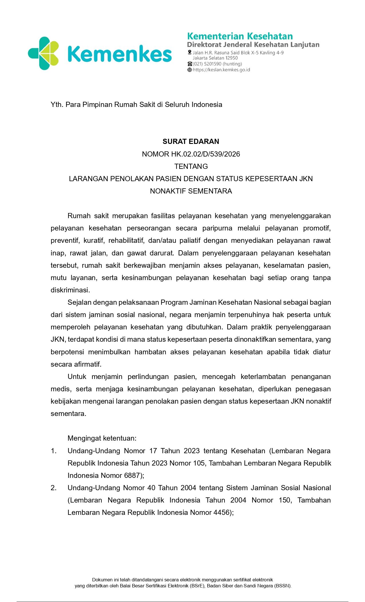 Surat edaran Kementerian Kesehatan terkait Larangan Penolakan Pasien dengan Status Kepesertaan JKN Nonaktif Sementara. (Dok. Kemenkes)