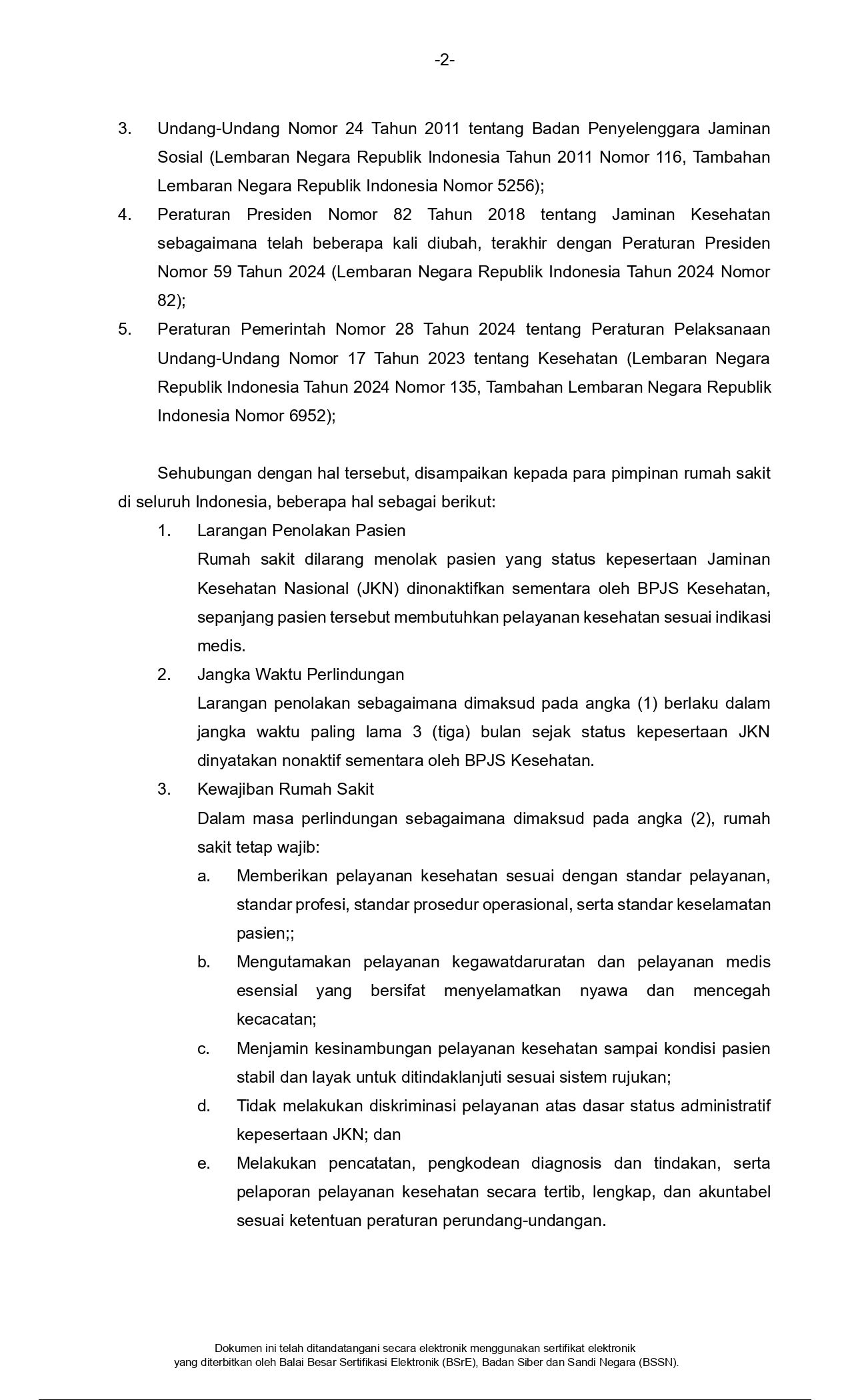 Surat edaran Kementerian Kesehatan terkait Larangan Penolakan Pasien dengan Status Kepesertaan JKN Nonaktif Sementara. (Dok. Kemenkes)