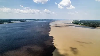 Ketika Sungai Amazon bertemu dengan Río Negro di Brasil, terjadilah fenomena yang dikenal sebagai pertemuan air di mana kedua sungai tersebut awalnya tidak bercampur: Foto: Buzzfeed