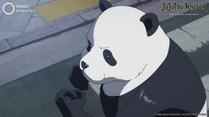 Karakter Panda yang jadi Mayat Terkutuk Mutasi Abrupt buatan Masamichi Yaga juga sudah dimunculkan sejak episode sebelumnya. Panda digambarin sebagai obyek petarung di area Hakari. Foto: Dok.TOHO Animation
