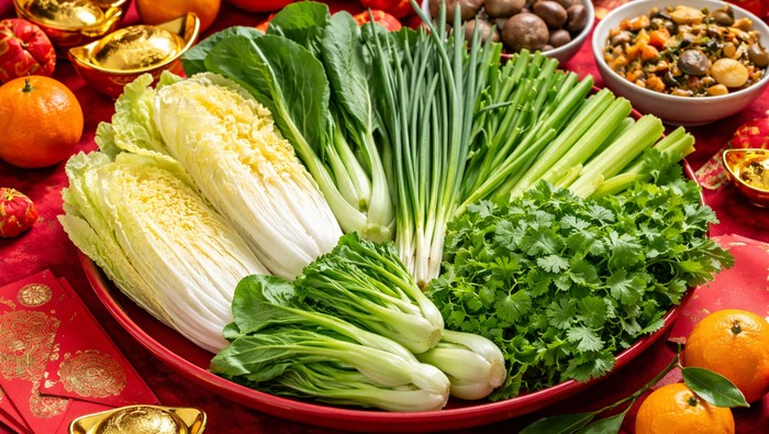 Ilustrasi sayuran untuk dimakan saat tahun baru China atau Imlek.